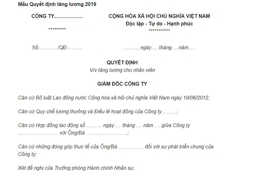 Mẫu quyết định tăng lương 2019 – trang 1
