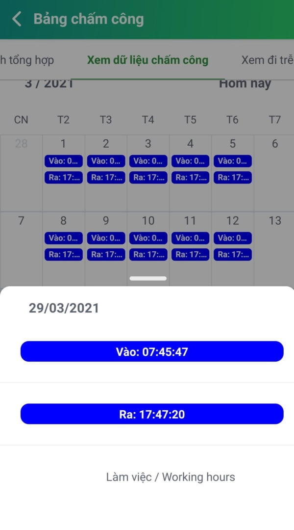 App xem chi tiết giờ công chấm công CoreHRM