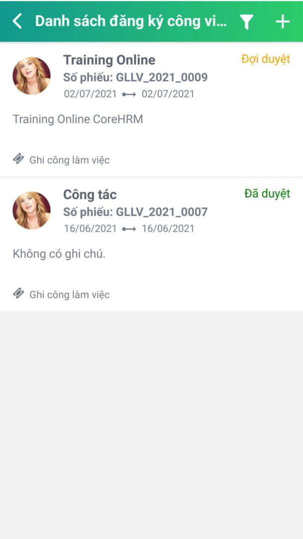 App phê duyệt đăng ký công việc chấm công CoreHRM cho quản lý