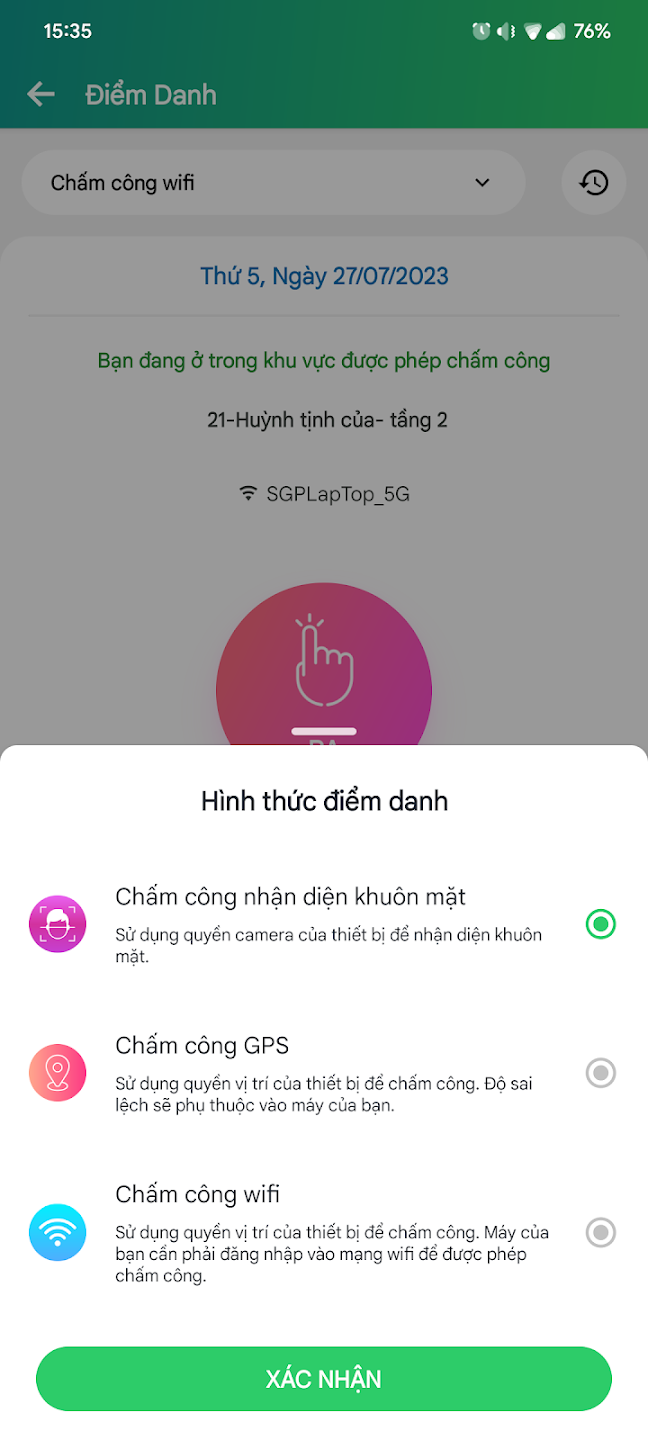 CoreHRM điểm danh – chọn hình thức Wifi / GPS / khuôn mặt