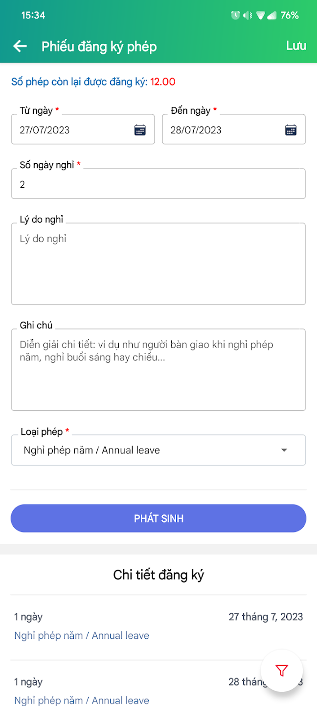 App CoreHRM đăng ký nghỉ phép năm trên điện thoại