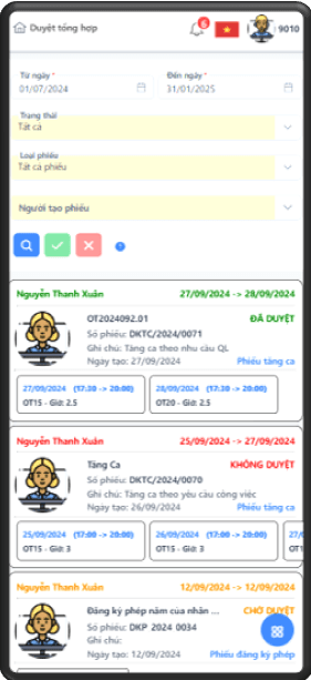 Quản lý duyệt đơn nghỉ phép trên phần mềm chấm công CoreAtt – phê duyệt trên mobile