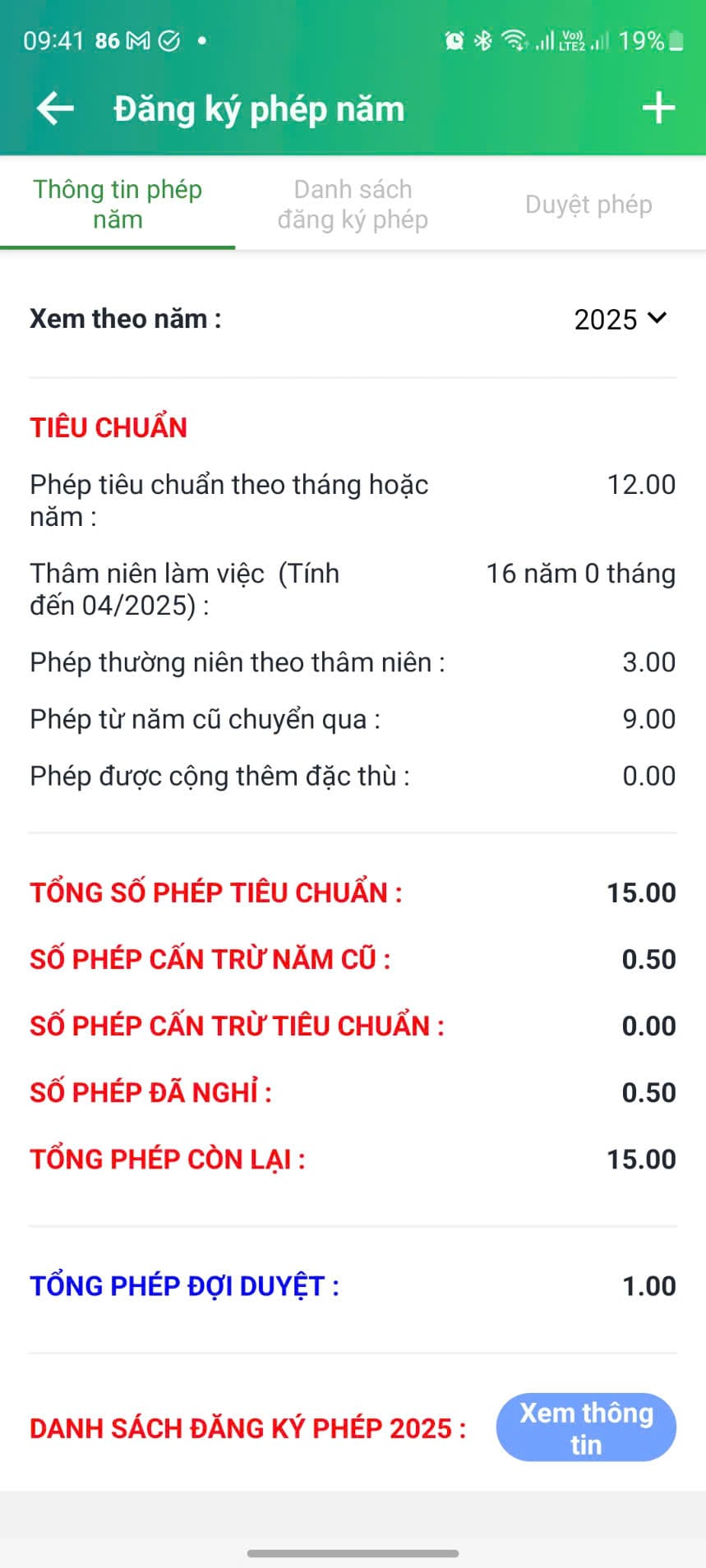 Xem tổng phép năm tự tính theo thâm niên trên app CoreHRM