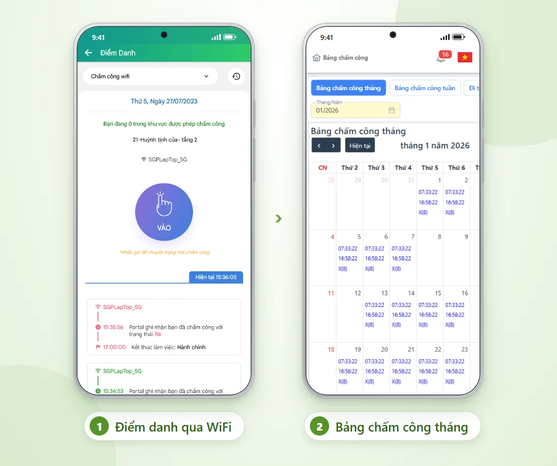 App CoreHRM – điểm danh qua WiFi tại điểm làm việc và xem bảng chấm công tháng trên điện thoại