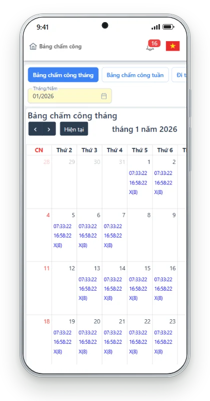 App xem bảng chấm công tháng – giờ vào/ra từng ngày trên CoreHRM
