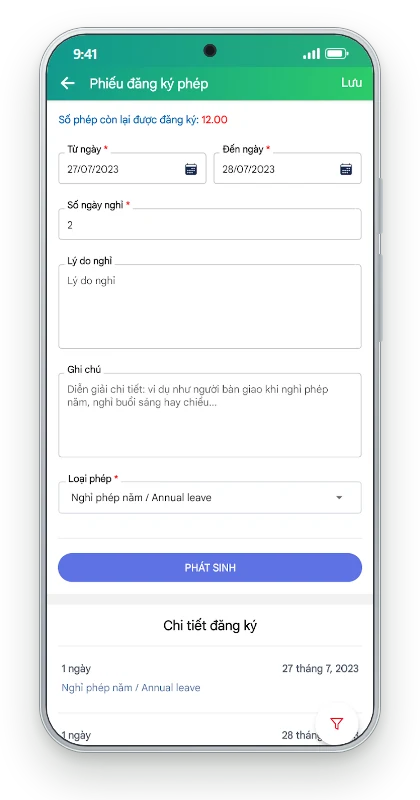 App đăng ký nghỉ phép năm online CoreHRM