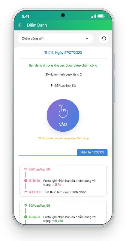 App chấm công online WiFi CoreHRM trên điện thoại