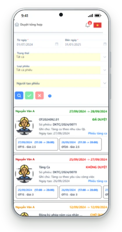 App duyệt đơn tăng ca, nghỉ phép, đăng ký công việc CoreHRM cho quản lý