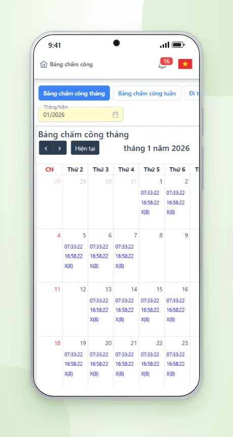 Bảng chấm công tháng trên App CoreAtt – giờ vào/ra từng ngày theo ca làm việc