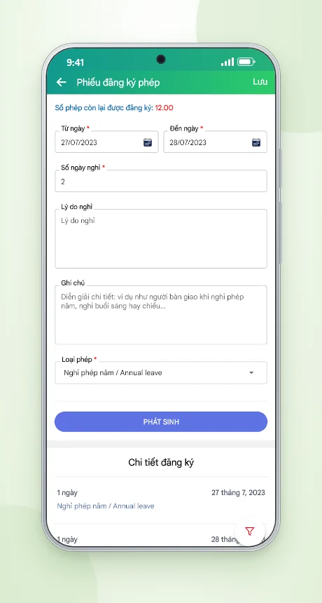 Cổng nhân viên ESS đăng ký nghỉ phép trên app CoreHRM