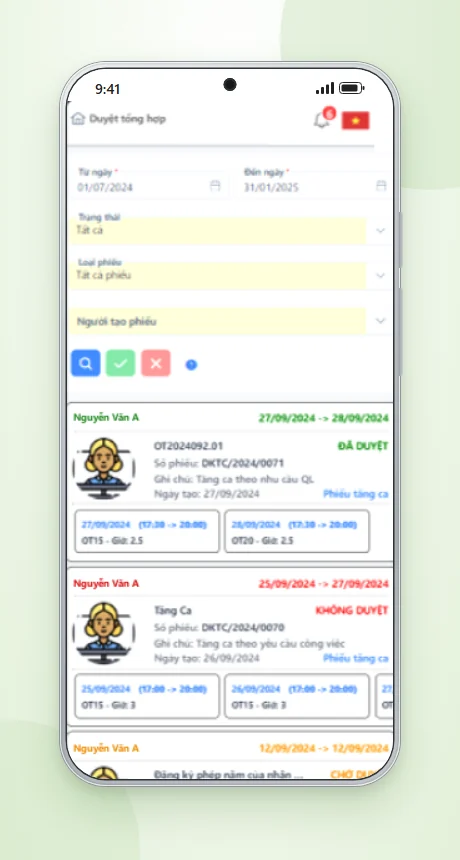 Quản lý duyệt đơn nghỉ phép trên phần mềm chấm công CoreAtt – phê duyệt trên mobile